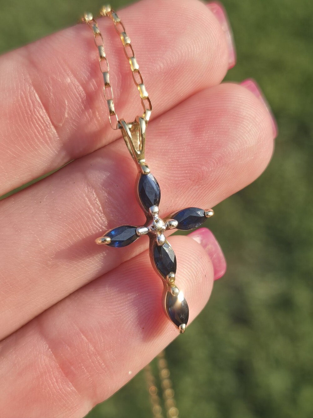 14k/10k Gold Cross Pendant Necklace with Blue Sapphire Marquise Stones
